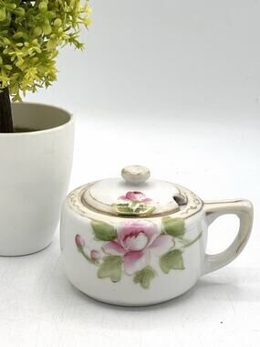 Antique Hand Painted Nippon Covered Sugar Bowl Pink Rose Gold Trim Japan